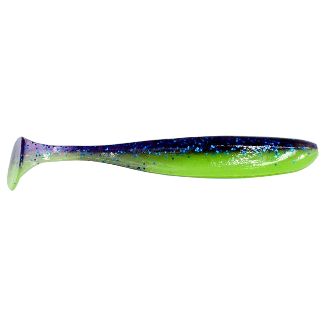 Keitech Easy Shiner Jigi 4.5" Violet Lime Belly sivulta, pää oikealla