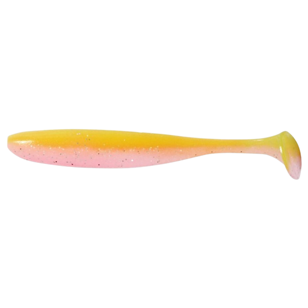 Keitech Easy Shiner Jigi 4.5" Yellow Pink sivulta, pää vasemmalla