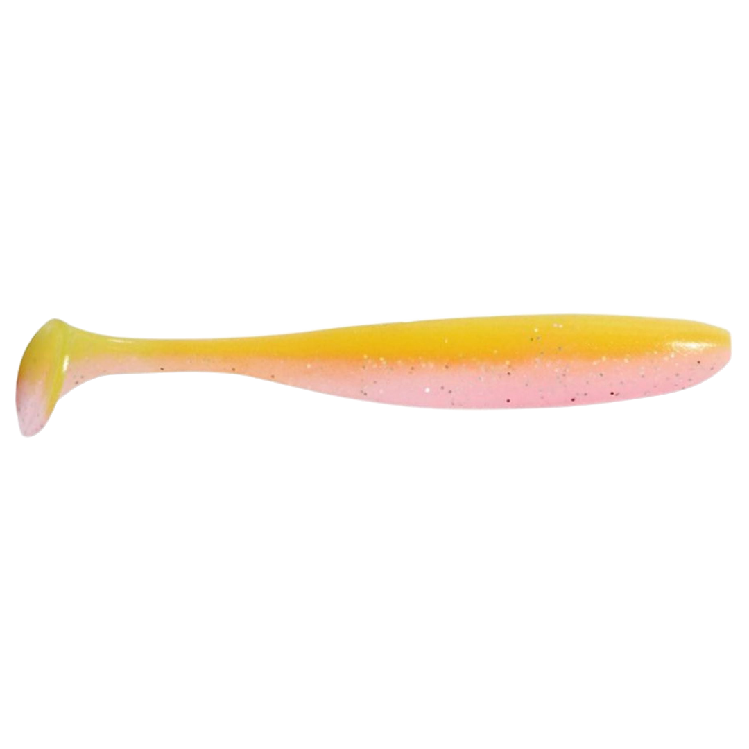 Keitech Easy Shiner Jigi 4.5" Yellow Pink sivulta, pää oikealla