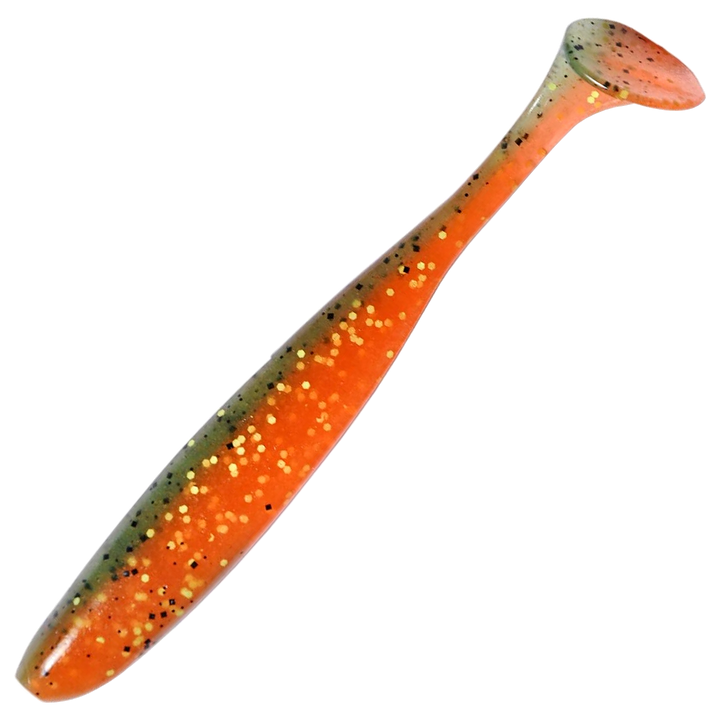Keitech Easy Shiner Jigi 4", väri Angry Carrot: oranssi runko sekä vihreät ja kultaiset hileet