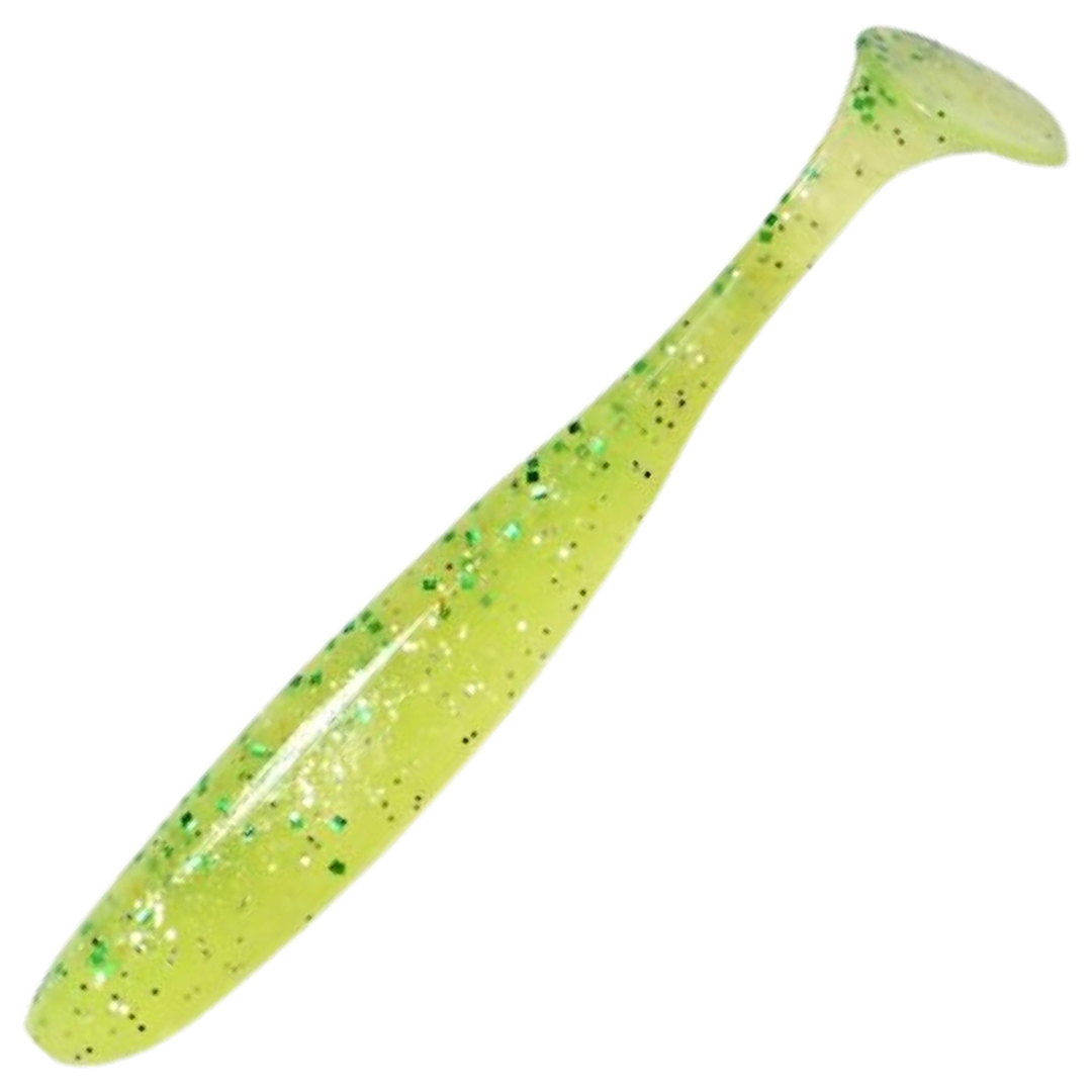 Keitech Easy Shiner Jigi 4", väri Chart Lime Shad: kellanvihreä runko sekä sinivihreät ja mustat pilkut