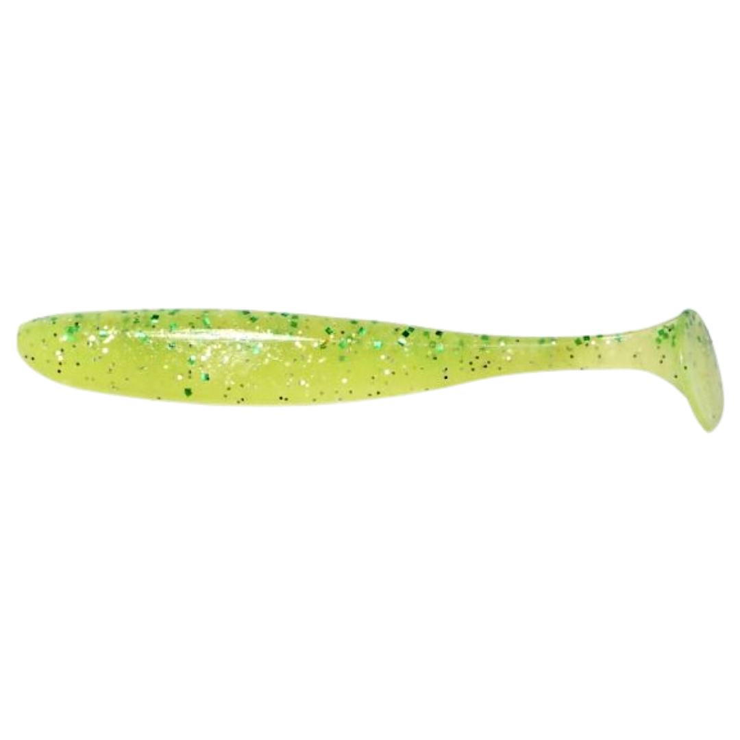 Keitech Easy Shiner Jigi 4" Chart Lime Shad sivulta, pää vasemmalla