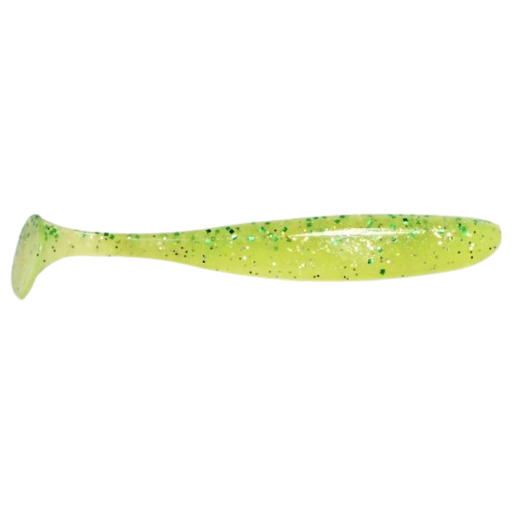 Keitech Easy Shiner Jigi 4" Chart Lime Shad sivulta, pää oikealla
