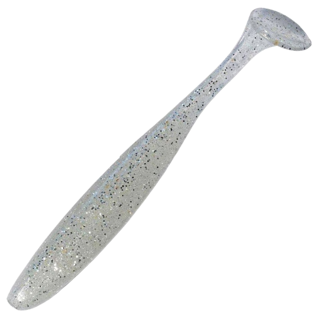Keitech Easy Shiner Jigi 4", väri Clear Silver Glow: läpikuultava runko sekä hopeiset ja mustat hileet