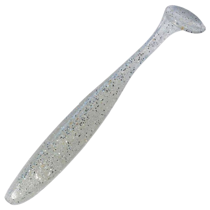 Keitech Easy Shiner Jigi 4", väri Clear Silver Glow: läpikuultava runko sekä hopeiset ja mustat hileet