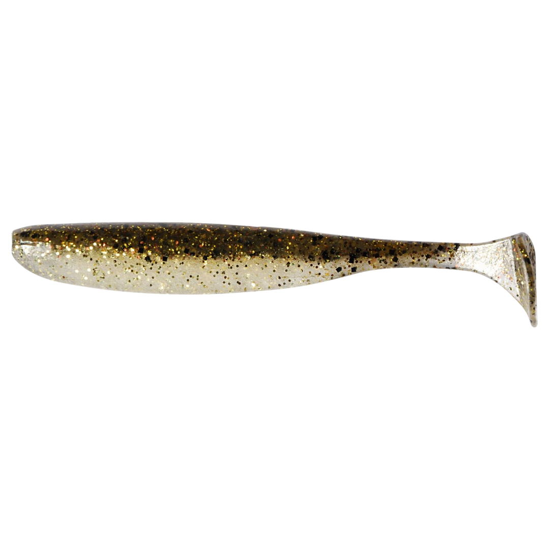 Keitech Easy Shiner Jigi 4" Gold Flash Minnow sivulta, pää vasemmalla