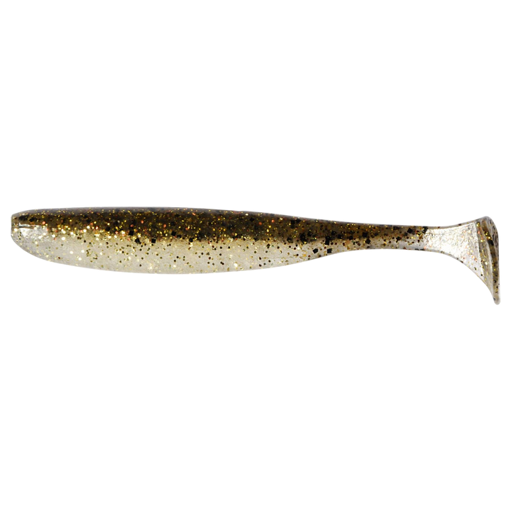 Keitech Easy Shiner Jigi 4" Gold Flash Minnow sivulta, pää vasemmalla