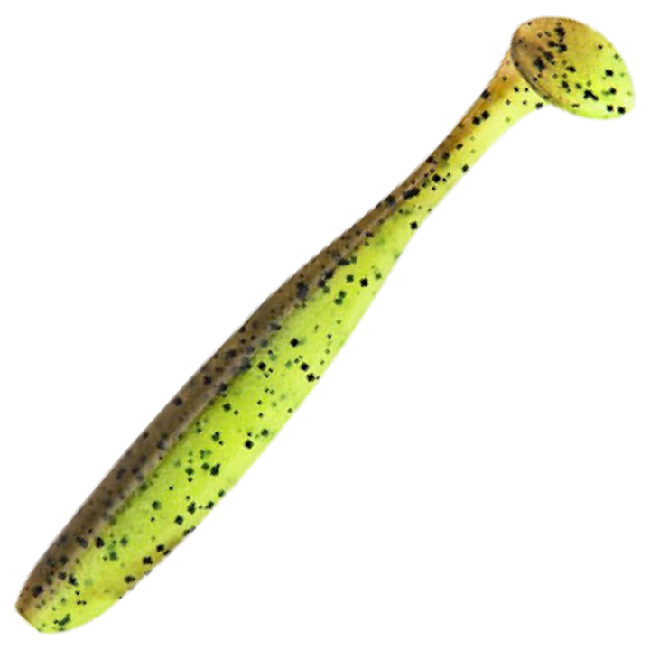Keitech Easy Shiner Jigi 4", väri Green Pumpkin/Chartreuse: ruskeanvihreä ja kellanvihreä runko sekä mustat pilkut