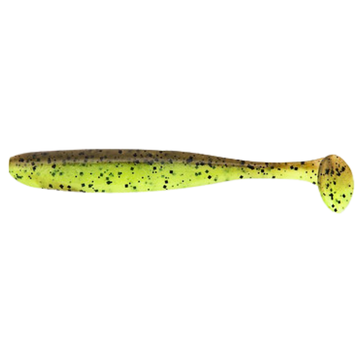 Keitech Easy Shiner Jigi 4" Green Pumpkin/Chartreuse sivulta, pää vasemmalla