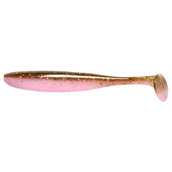 Keitech Easy Shiner Jigi 4" Green Pumpkin Pink sivulta, pää vasemmalla