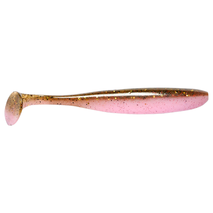 Keitech Easy Shiner Jigi 4" Green Pumpkin Pink sivulta, pää oikealla