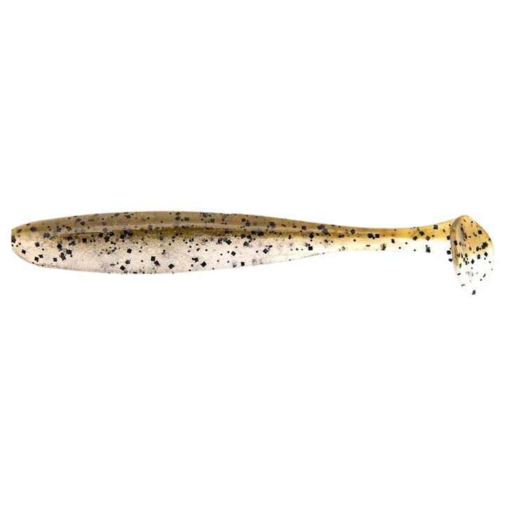 Keitech Easy Shiner Jigi 4" Green Pumpkin PP Shad sivulta, pää vasemmalla
