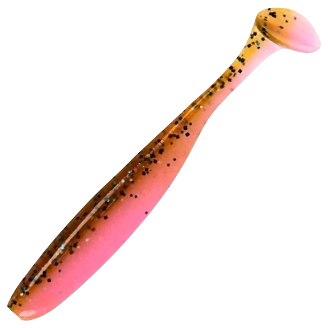 Keitech Easy Shiner Jigi 4", väri Motoroil/Pink: oliivinruskea selkä, vaaleanpunainen vatsa ja mustat pilkut
