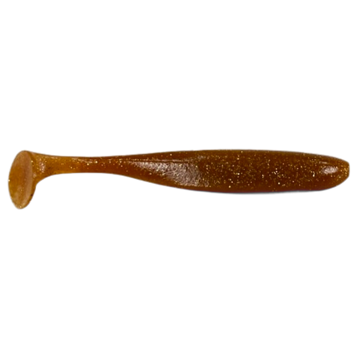Keitech Easy Shiner Jigi 5" Amber Gold FLK sivulta, pää oikealla