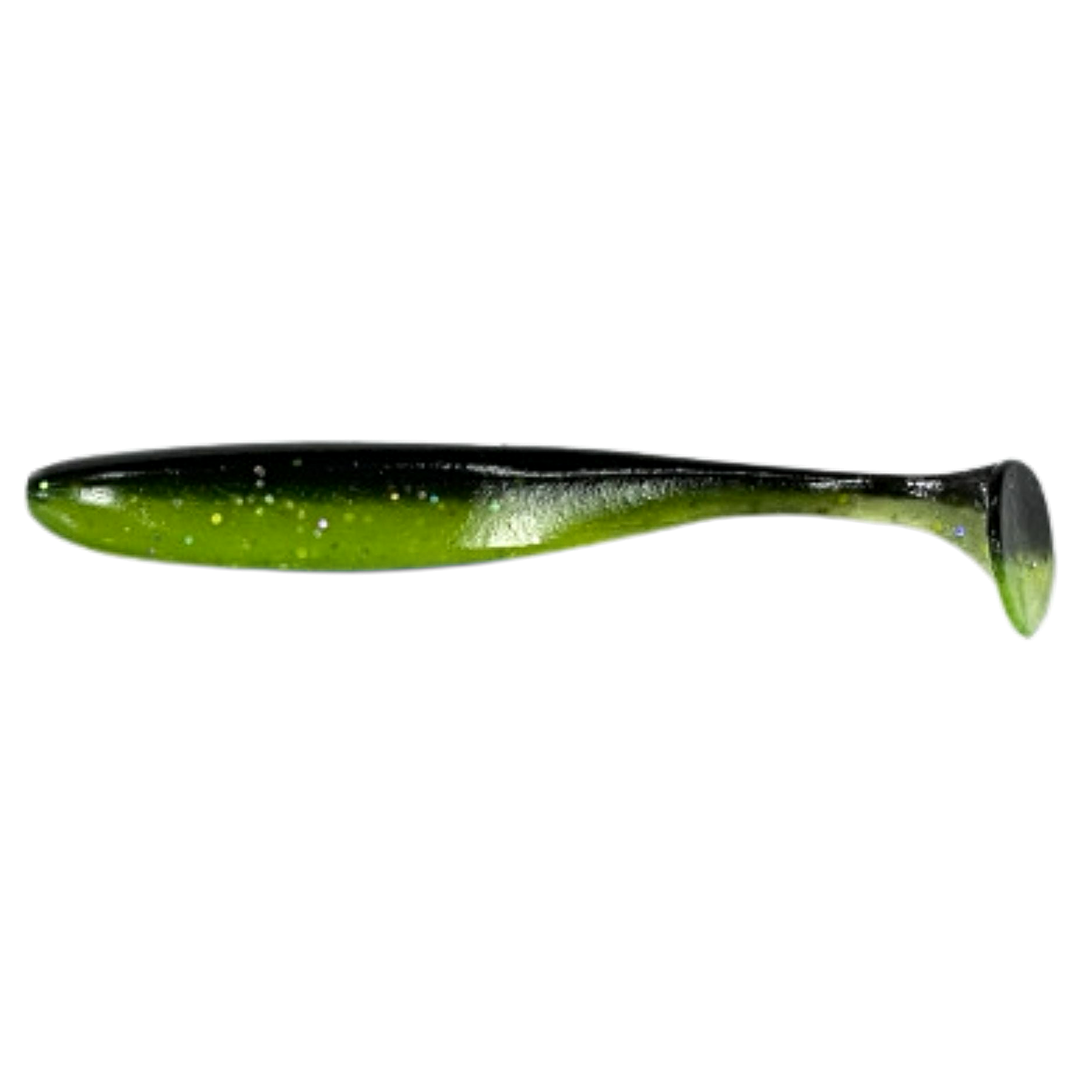 Keitech Easy Shiner Jigi 5" Black X Chart UV sivulta, pää vasemmalla