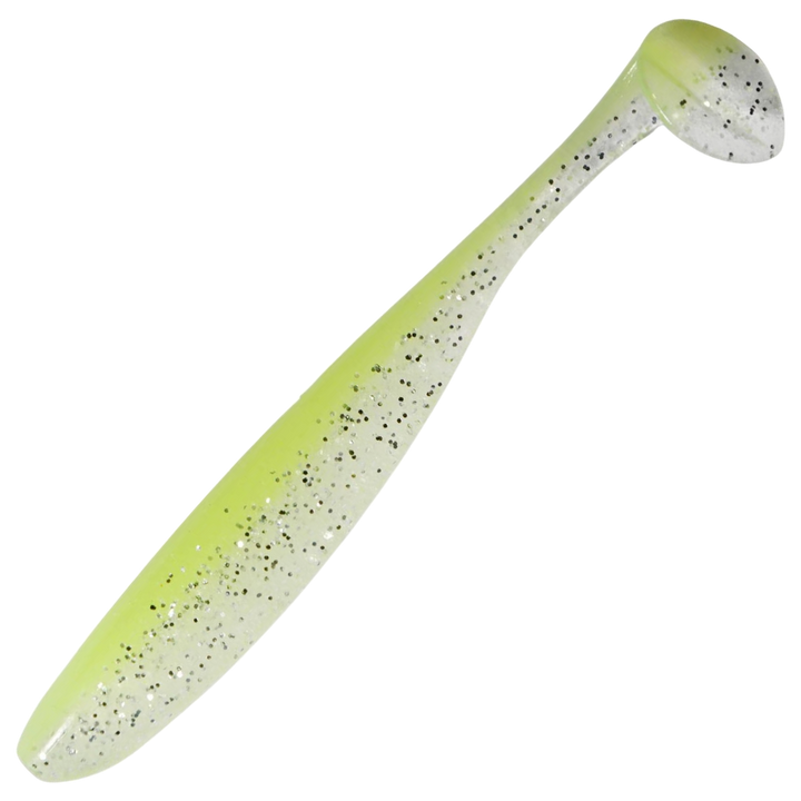 Keitech Easy Shiner Jigi 5", väri Chartreuse Ice: läpikuultava kellanvihreä runko ja mustat pilkut