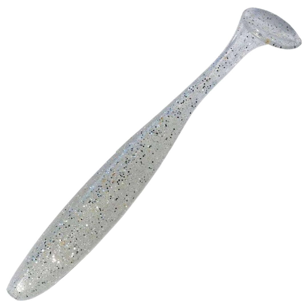 Keitech Easy Shiner Jigi 5", väri Clear Silver Glow: läpikuultava runko sekä hopeiset ja mustat hileet