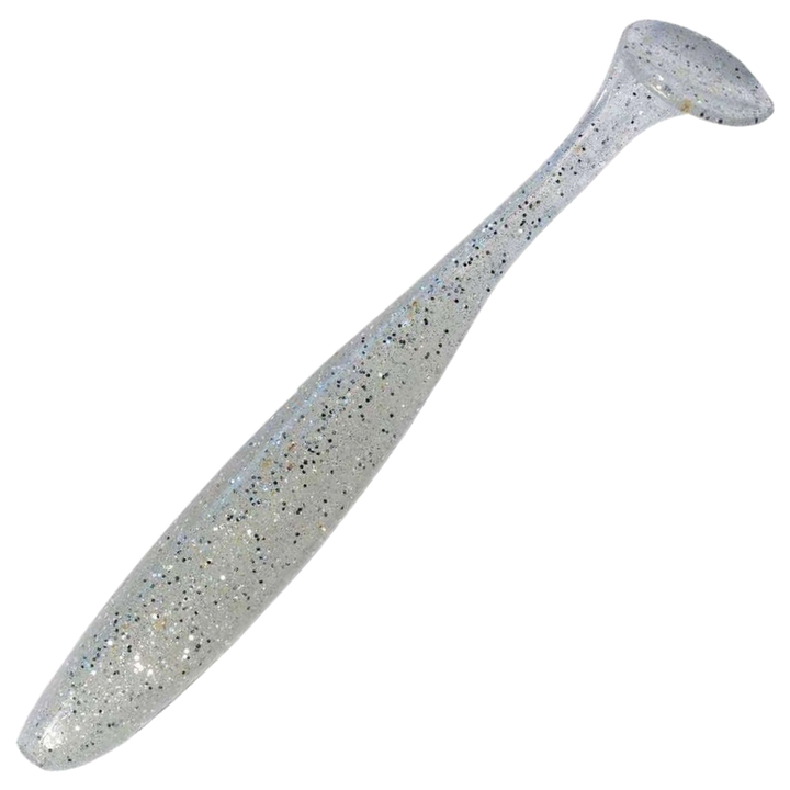 Keitech Easy Shiner Jigi 5", väri Clear Silver Glow: läpikuultava runko sekä hopeiset ja mustat hileet
