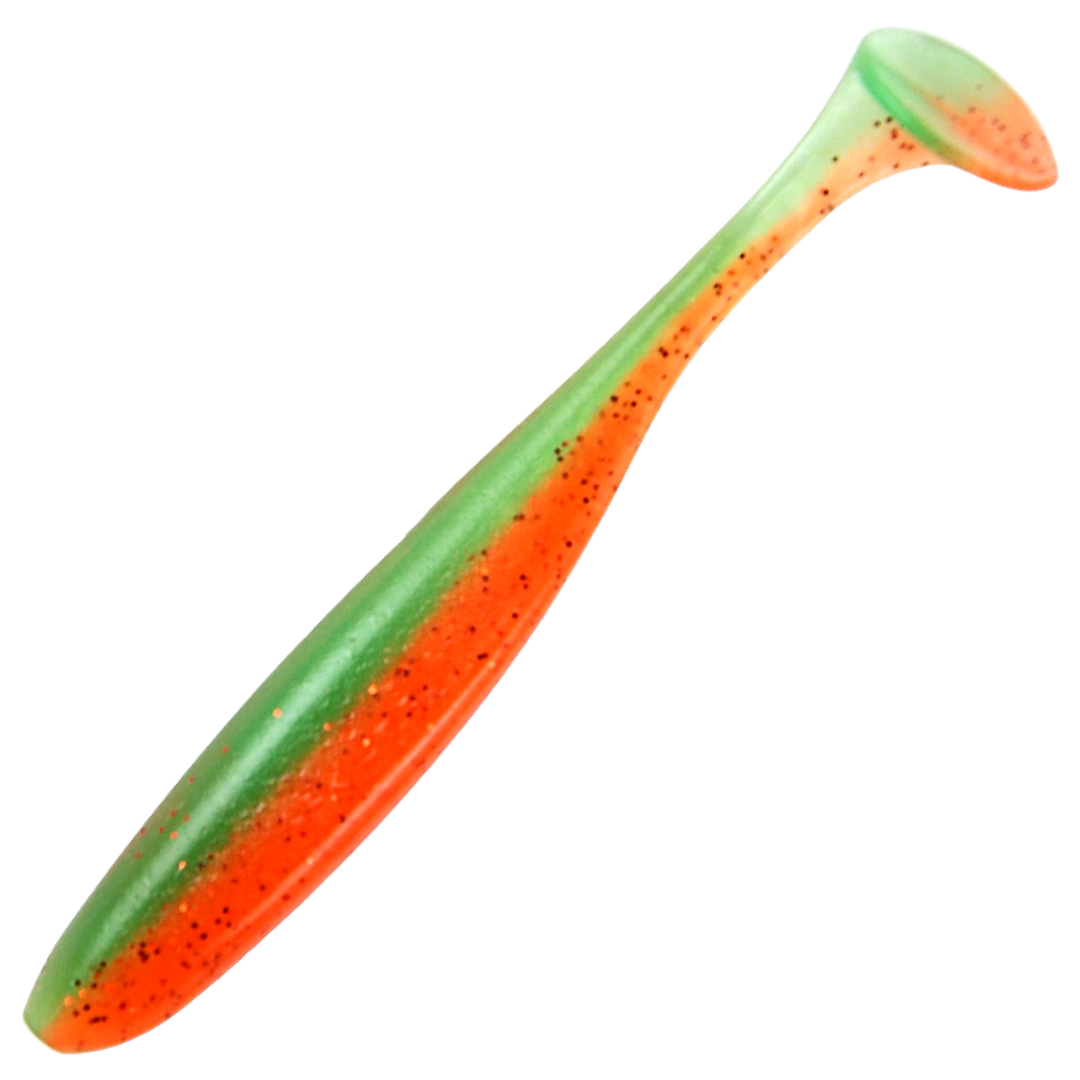 Keitech Easy Shiner Jigi 5", väri Fresh Watermelon: oranssi runko, vihertävä selkä ja mustat pilkut