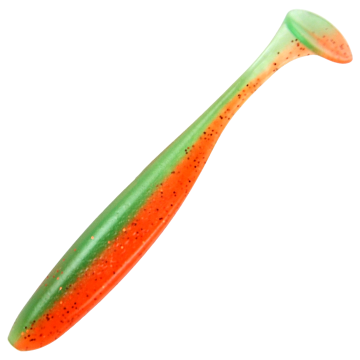 Keitech Easy Shiner Jigi 5", väri Fresh Watermelon: oranssi runko, vihertävä selkä ja mustat pilkut