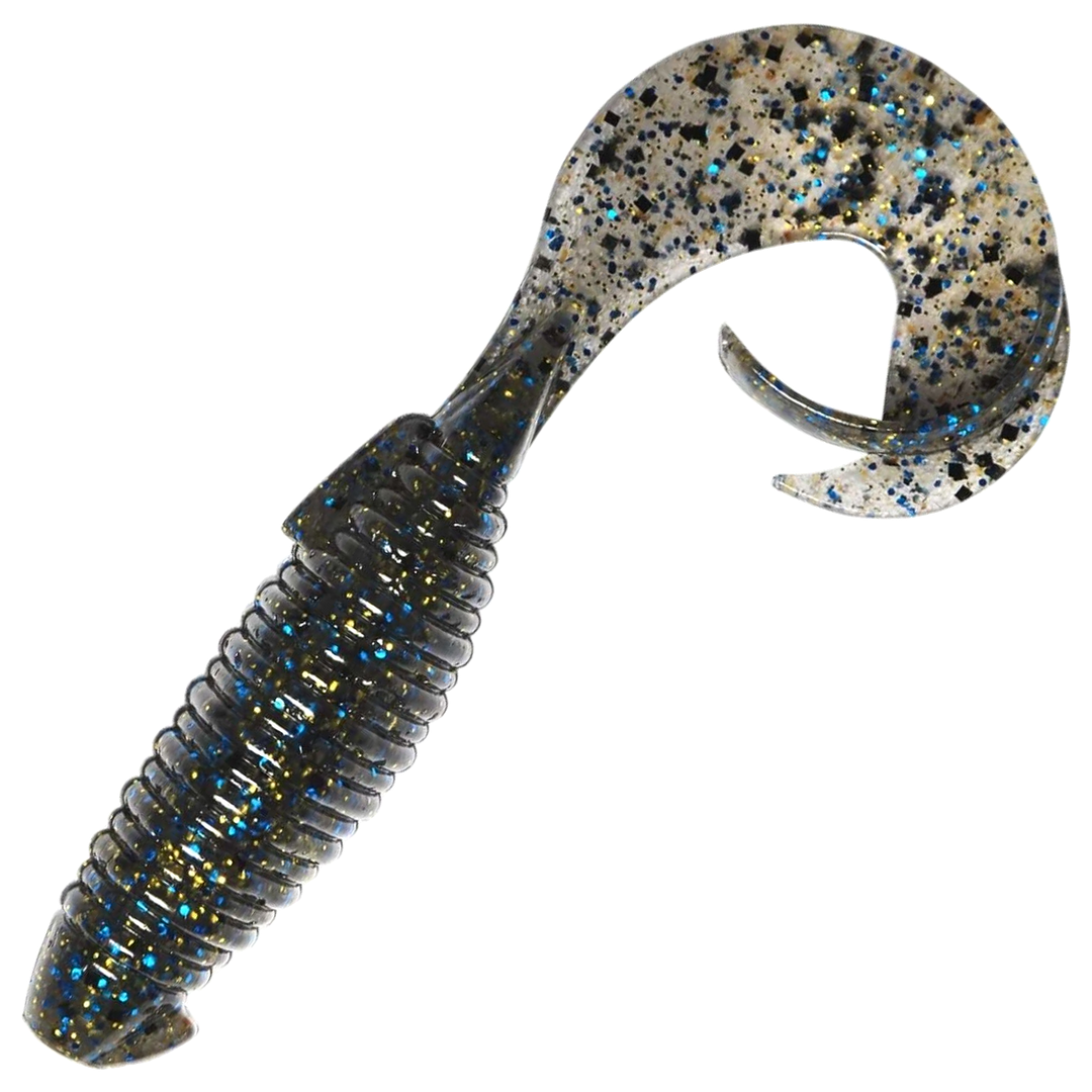 Keitech Flapper Grub Jigi 4", väri Bluegill: tumma vihertävä runko, läpikuultava pyrstö ja mustat pilkut