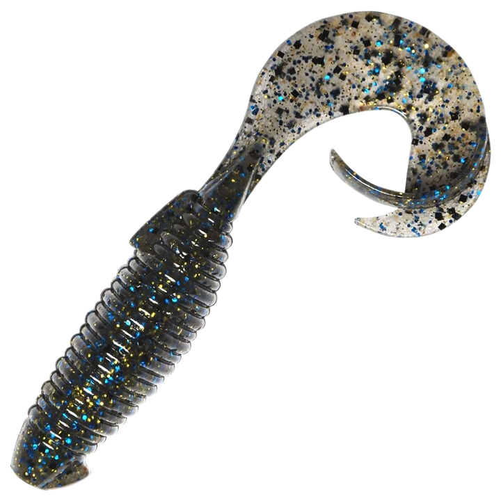 Keitech Flapper Grub Jigi 4", väri Bluegill: tumma vihertävä runko, läpikuultava pyrstö ja mustat pilkut