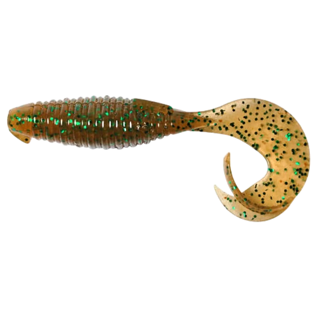 Keitech Flapper Grub Jigi 4" Pumpkin Green FLK sivulta, pää vasemmalla