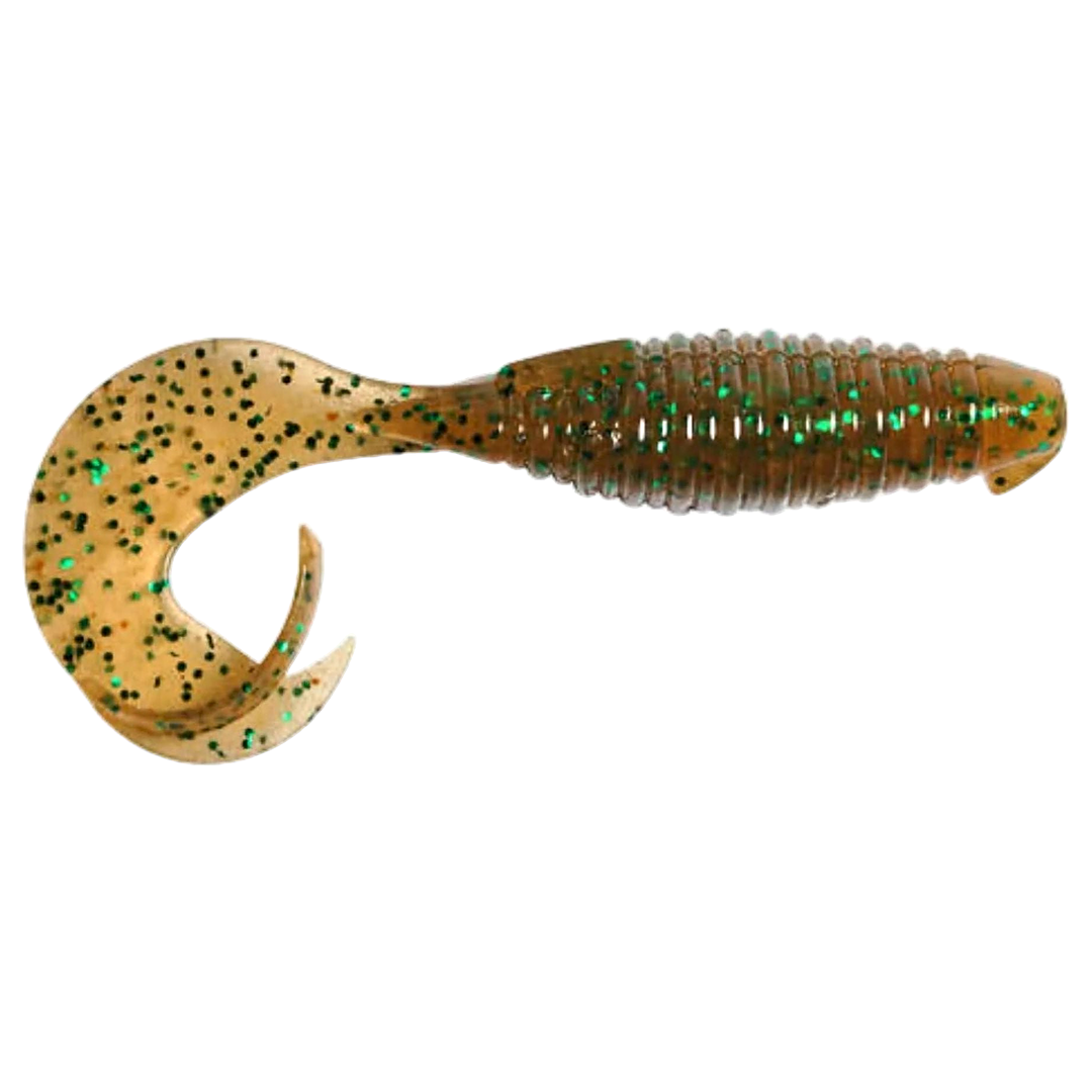 Keitech Flapper Grub Jigi 4" Pumpkin Green FLK sivulta, pää oikealla