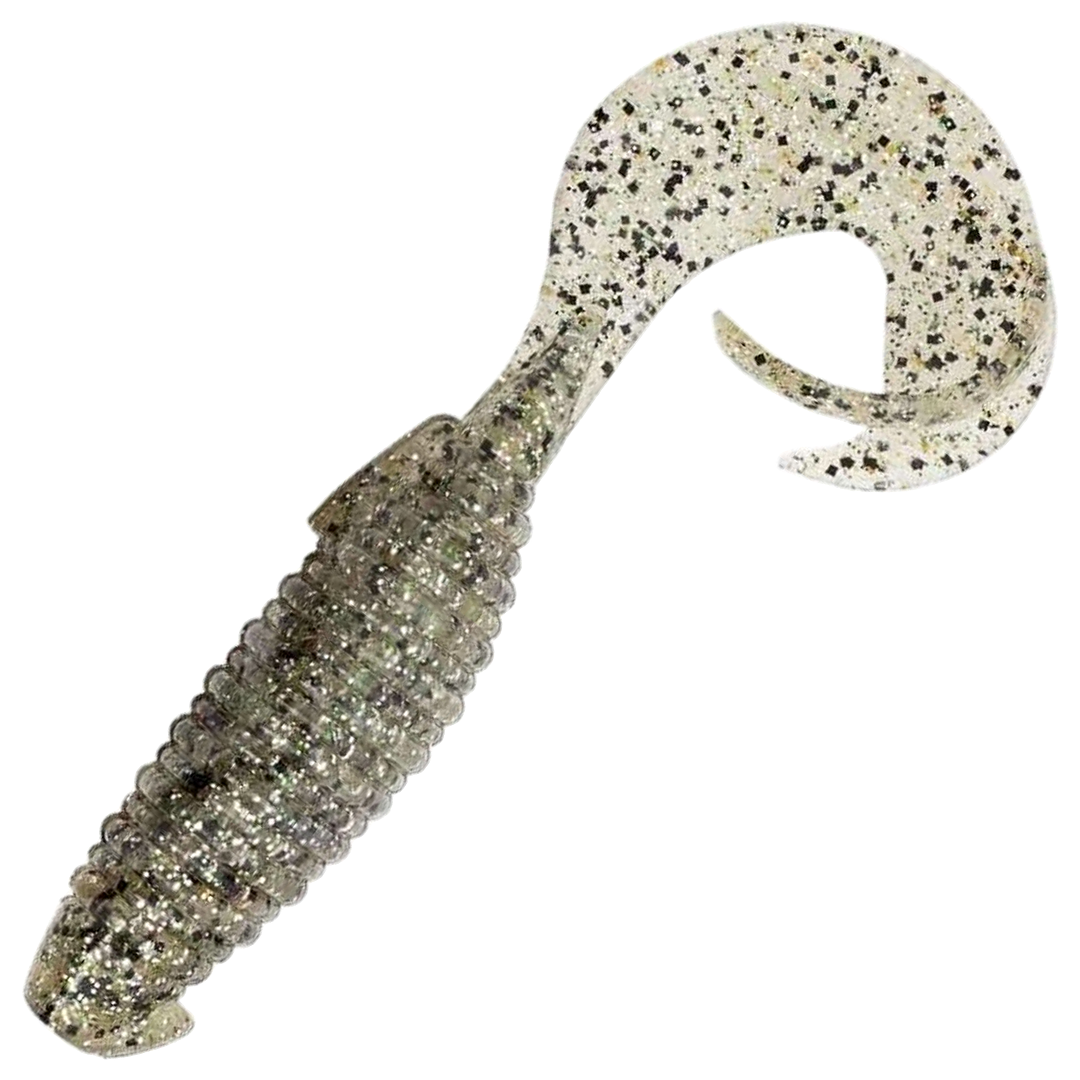 Keitech Flapper Grub Jigi 4", väri Silver Shad: läpikuultava vaalea runko ja mustat hileet