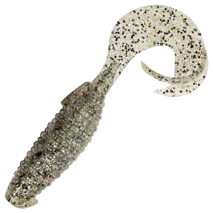 Keitech Flapper Grub Jigi 4", väri Silver Shad: läpikuultava vaalea runko ja mustat hileet