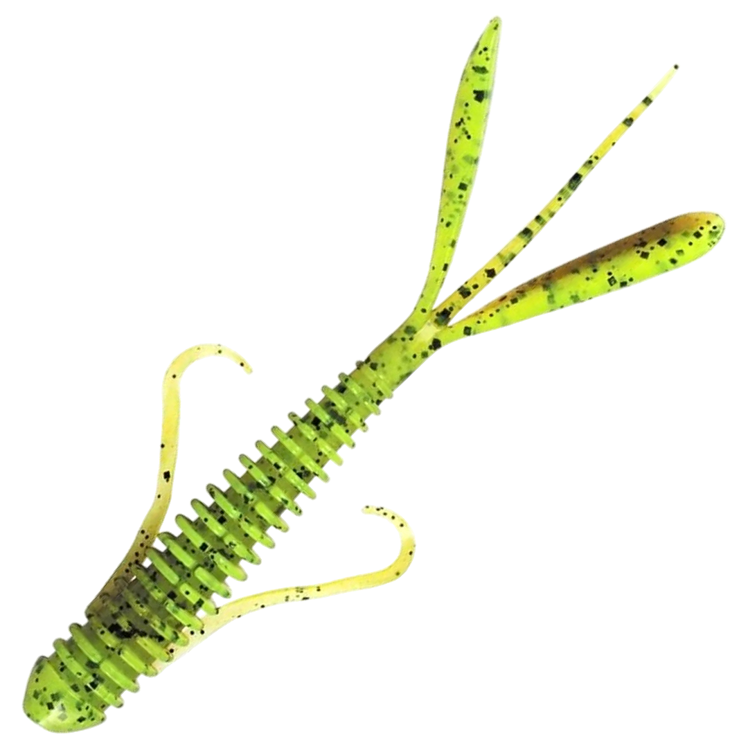 Keitech Hog Impact Jigi 3", väri Green Pumpkin/Chartreuse: ruskeanvihreä ja kellanvihreä runko sekä mustat pilkut