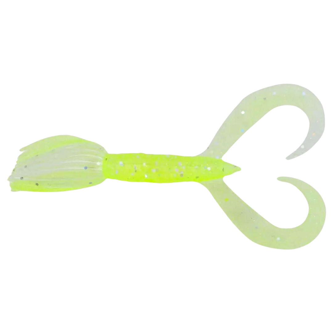 Keitech Little Spider Jigi 3" Chartreuse Shad ylhäältä, pää vasemmalla