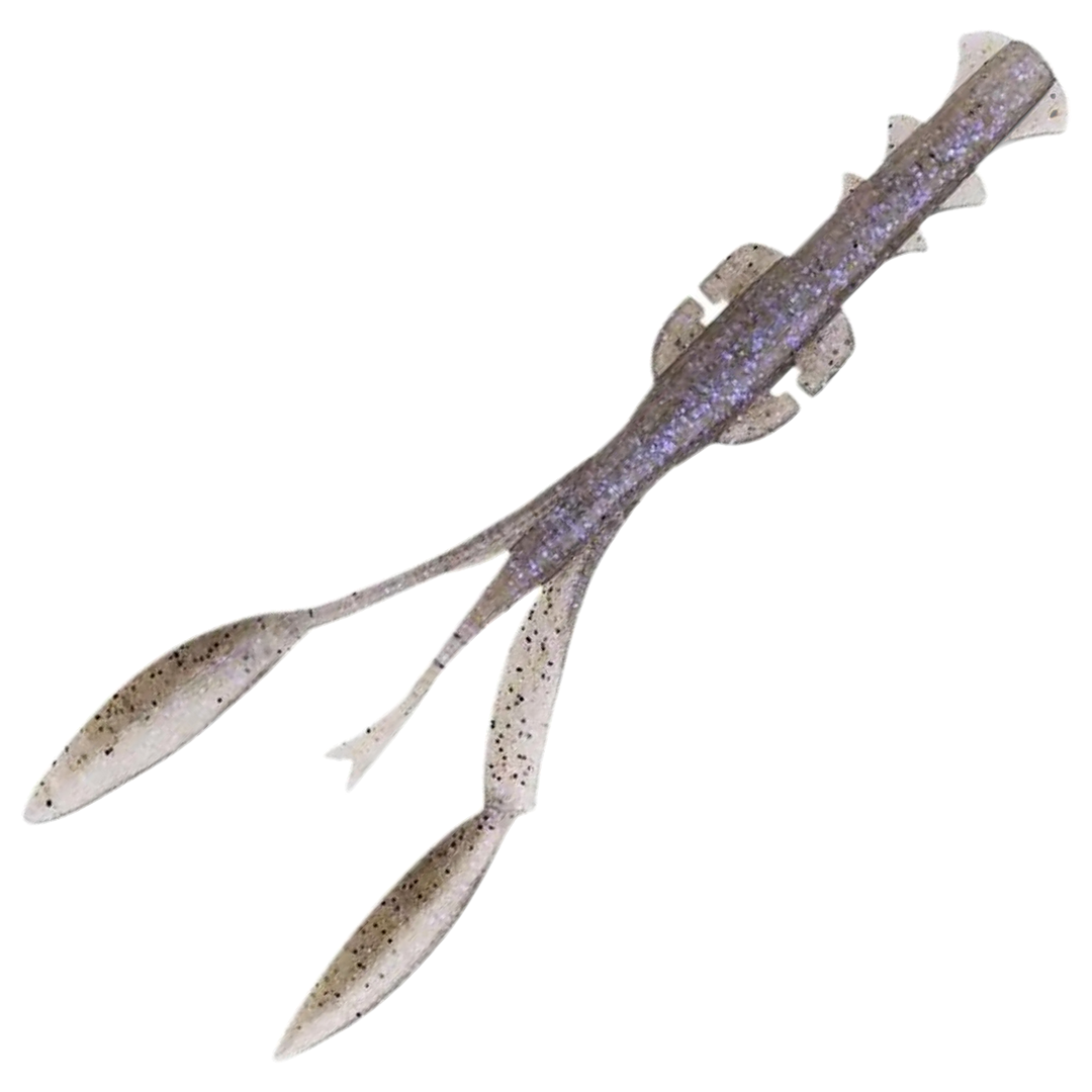 Keitech Neko Camaron Jigi 5.5", väri Electric Shad: läpikuultava harmaa runko, violetit hileet ja mustat pilkut
