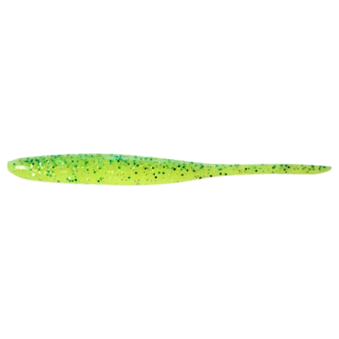 Keitech Shad Impact Jigi 2" Chart Lime Shad sivulta, pää vasemmalla