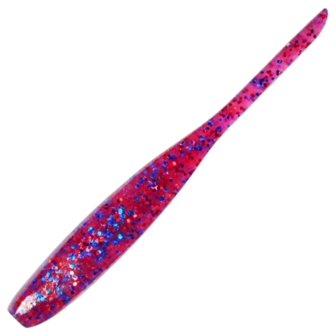 Keitech Shad Impact Jigi 3", väri Cosmos: violetti runko sekä punaiset ja siniset hileet