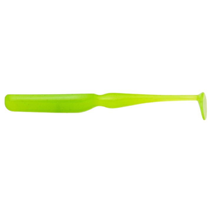 Keitech Swing Bait Jigi 2.8" Clear Chartreuse Glow sivulta, pää vasemmalla