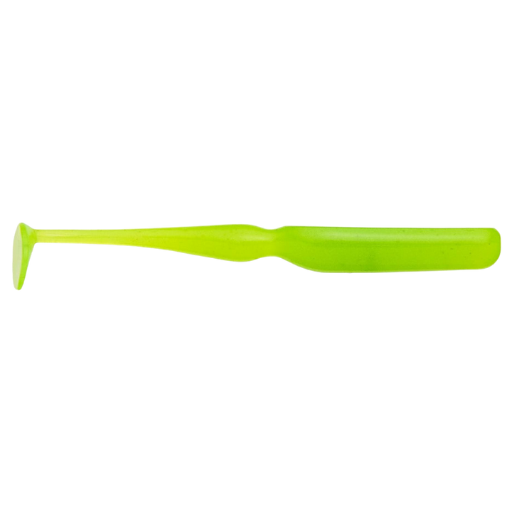 Keitech Swing Bait Jigi 2.8" Clear Chartreuse Glow sivulta, pää oikealla