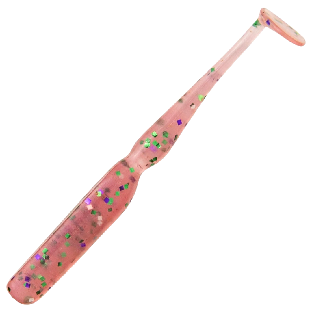 Keitech Swing Bait Jigi 2.8", väri Cotton Candy: vaaleanpunainen runko ja värikkäät hileet
