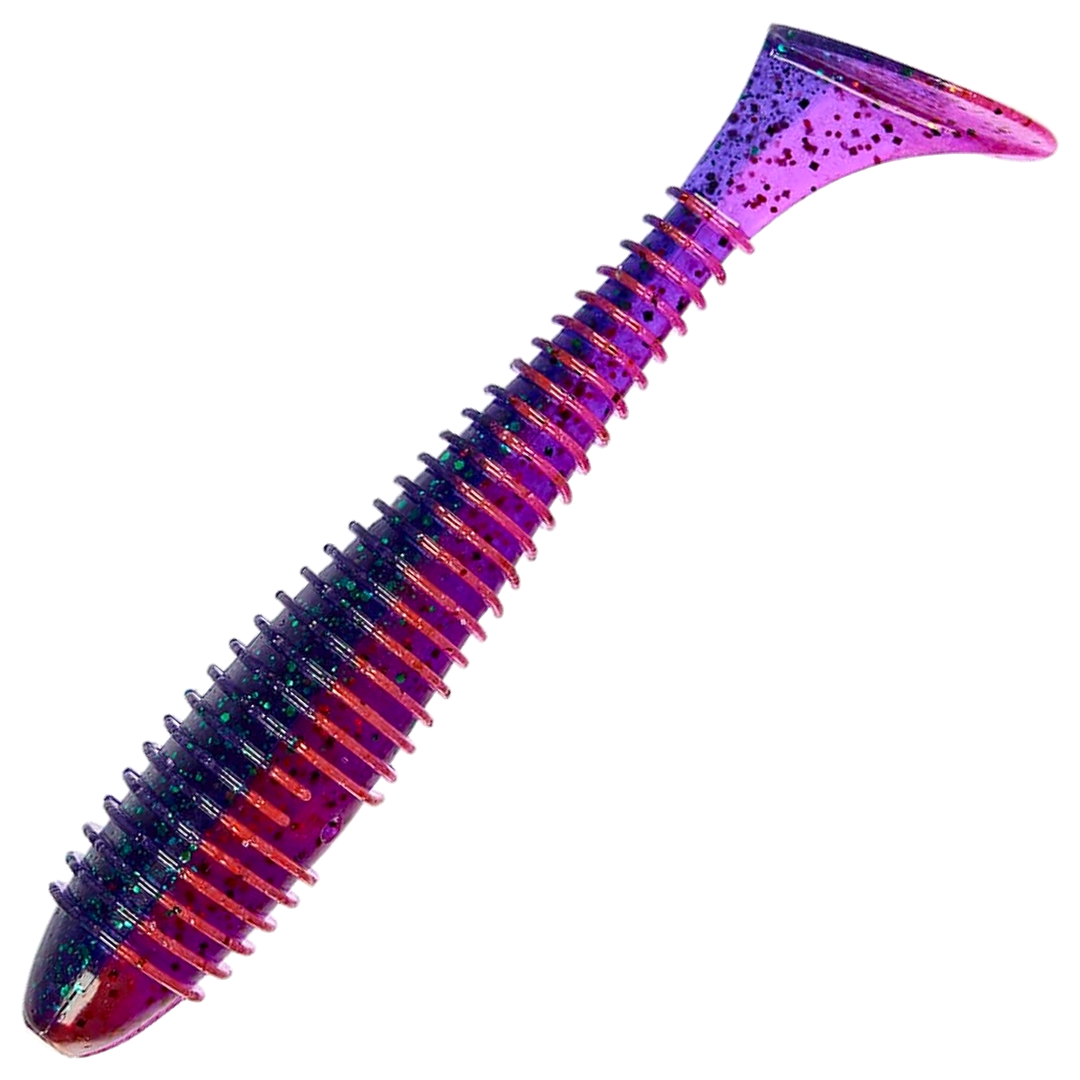 Keitech Swing Impact FAT Jigi 2.8", väri Mystic June Bug: tummansininen selkä, violetinpunainen kylki ja vihreät hileet