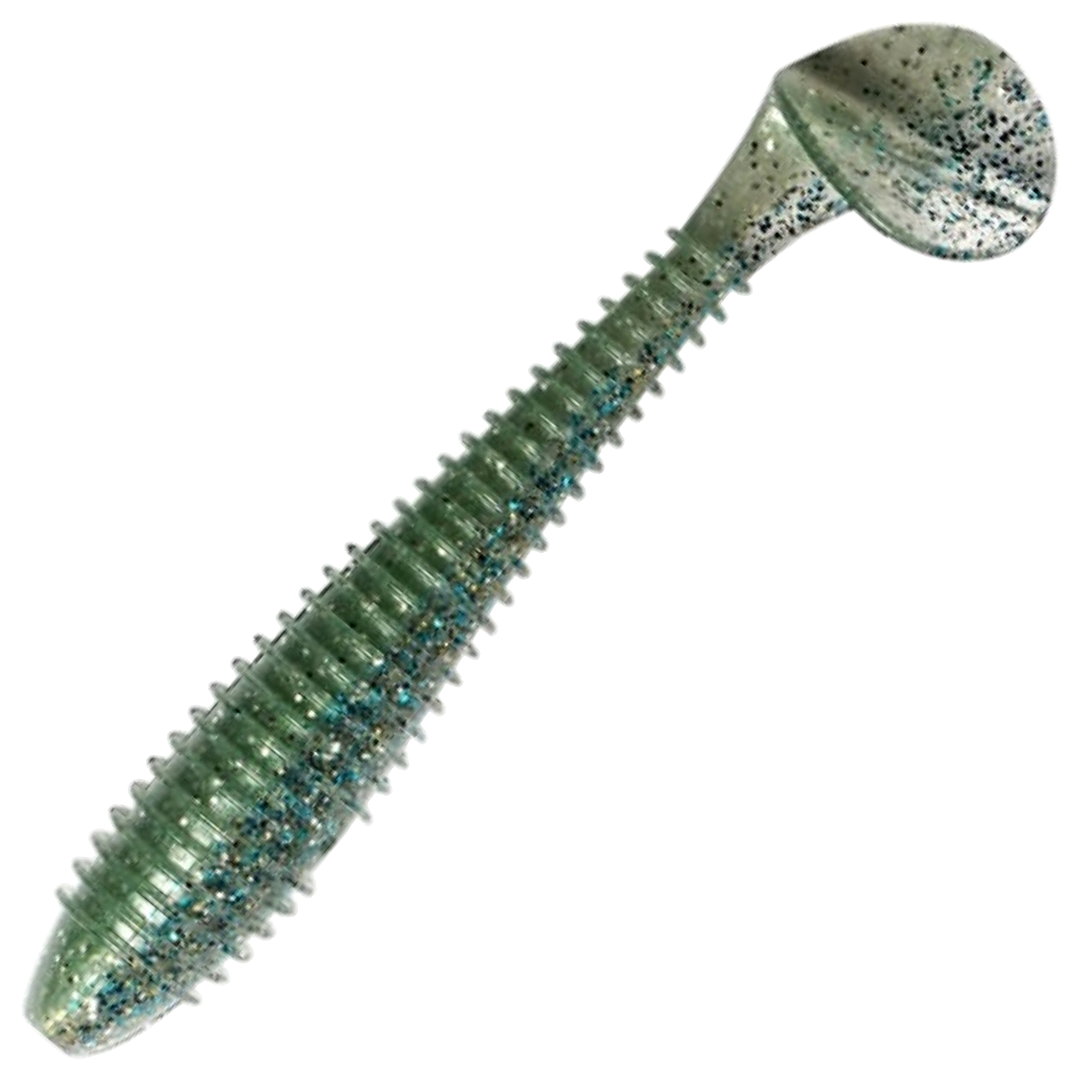 Keitech Swing Impact FAT Jigi 3.3", väri Green Shad: läpikuultava harmaanvihreä runko ja siniset hileet