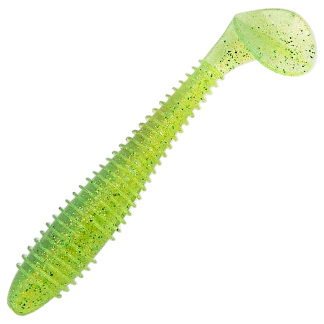 Keitech Swing Impact FAT Jigi 3.3", väri Lime Chartreuse: kellertävä limenvihreä runko ja hienot hileet