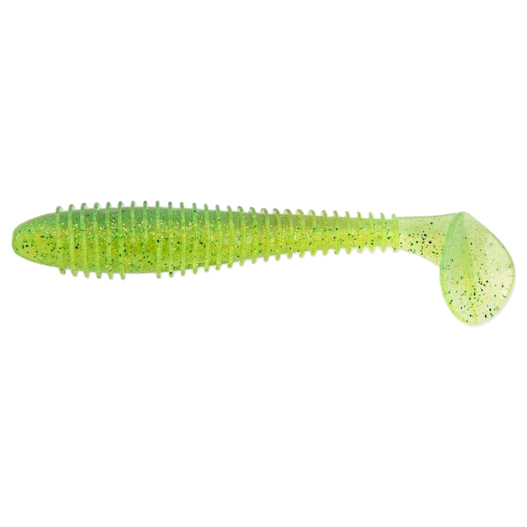 Keitech Swing Impact FAT Jigi 3.3" Lime Chartreuse sivulta, pää vasemmalla