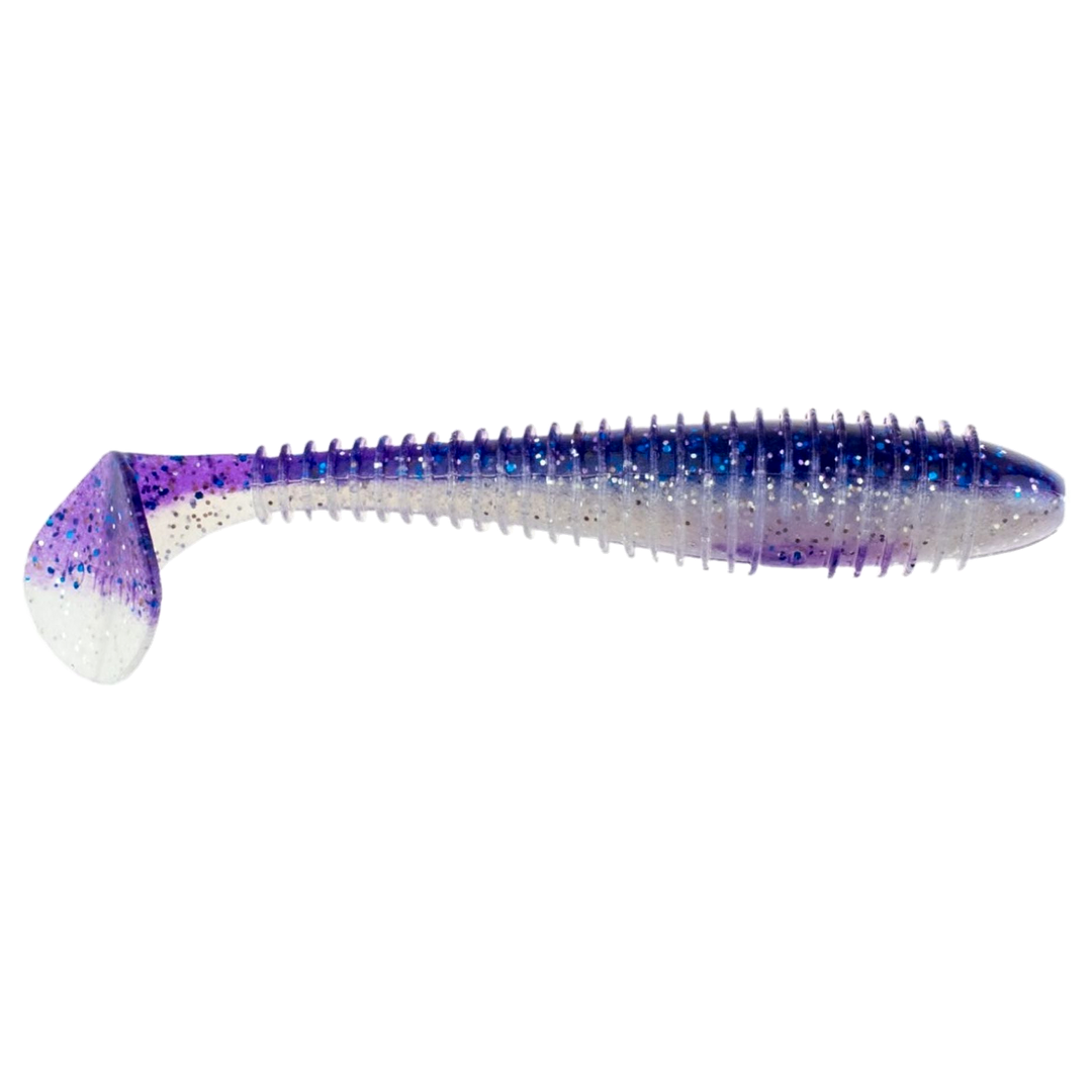 Keitech Swing Impact FAT Jigi 3.3" Purple Ice Shad sivulta, pää oikealla