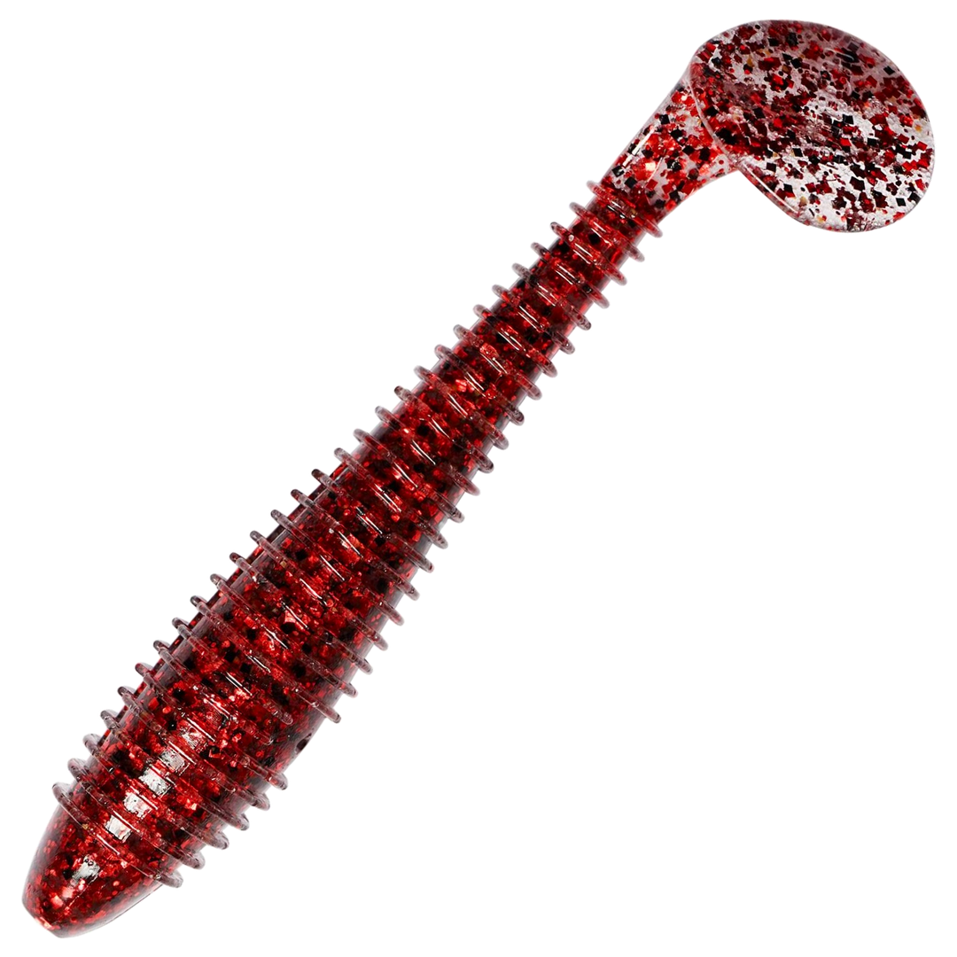 Keitech Swing Impact FAT Jigi 3.3", väri Red Devil: läpikuultava punainen runko ja tummat hileet