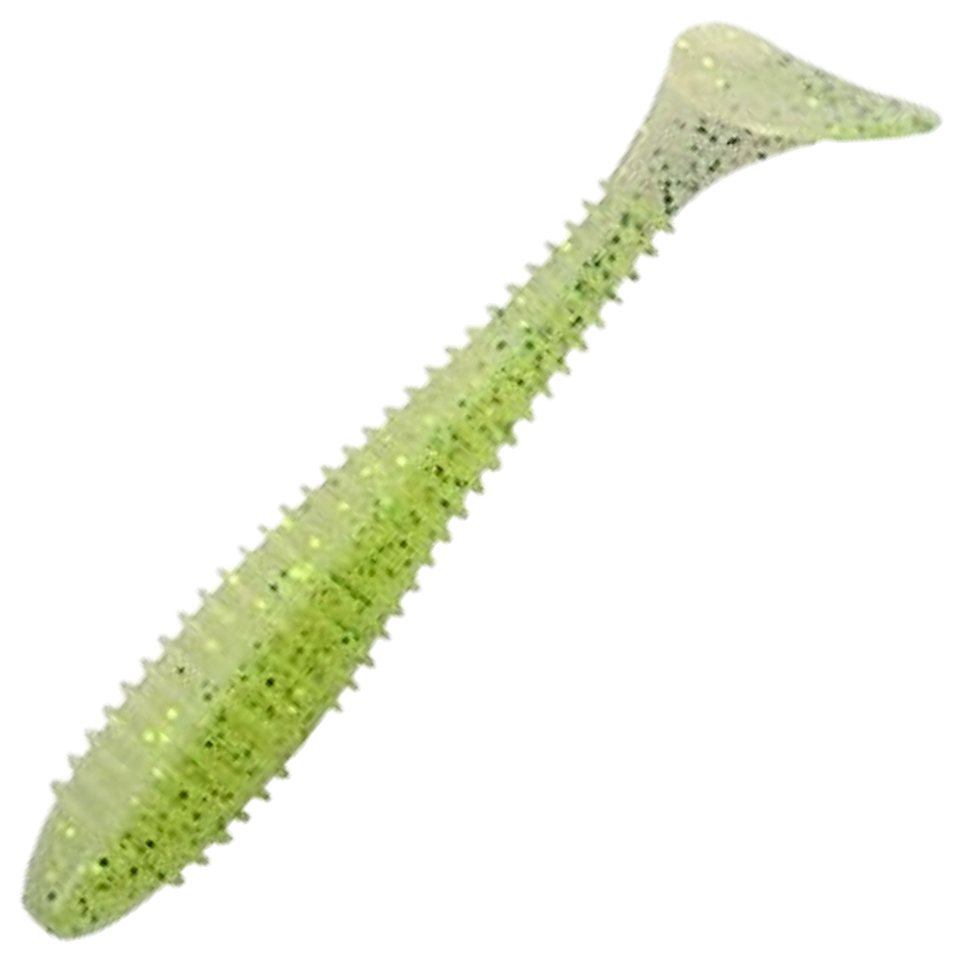 Keitech Swing Impact FAT Jigi 3.3", väri SAKURA White: vaalean kellanvihreä runko ja mustat pilkut