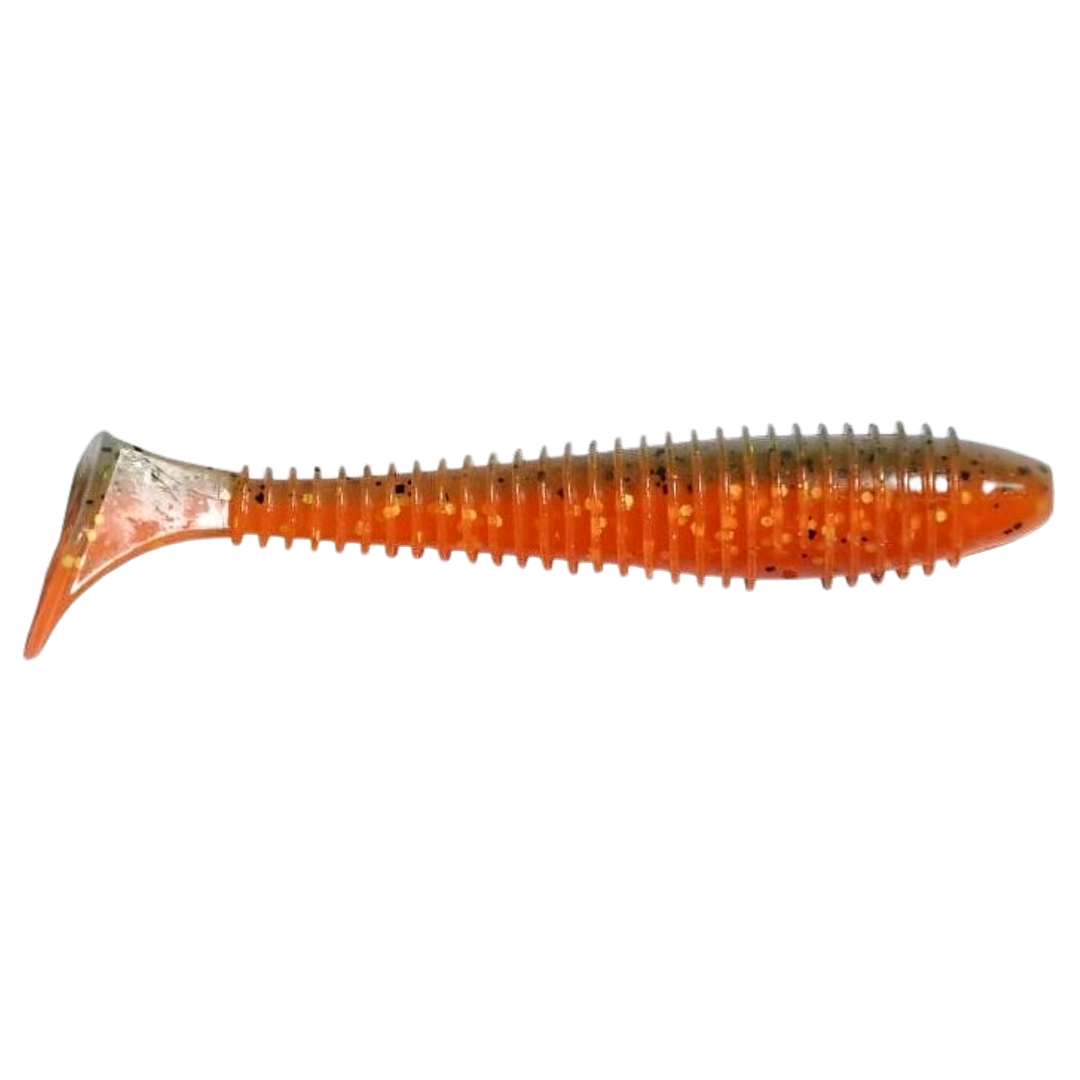 Keitech Swing Impact FAT Jigi 3.8" Angry Carrot sivulta, pää oikealla