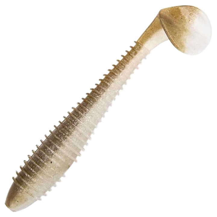 Keitech Swing Impact FAT Jigi 3.8", väri Arkansas Shiner: harmaanruskea selkä ja hopeanvalkoinen kylki
