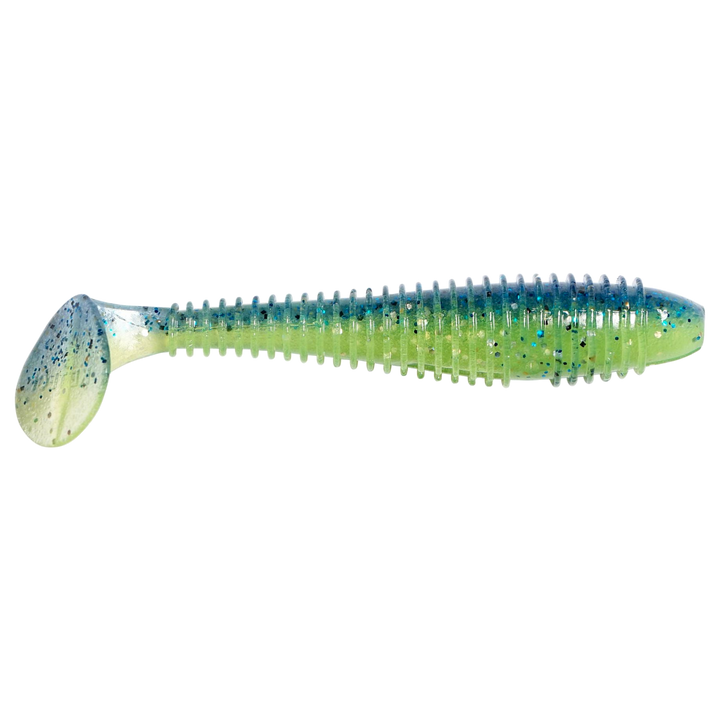 Keitech Swing Impact FAT Jigi 3.8" Blue X Chart sivulta, pää oikealla