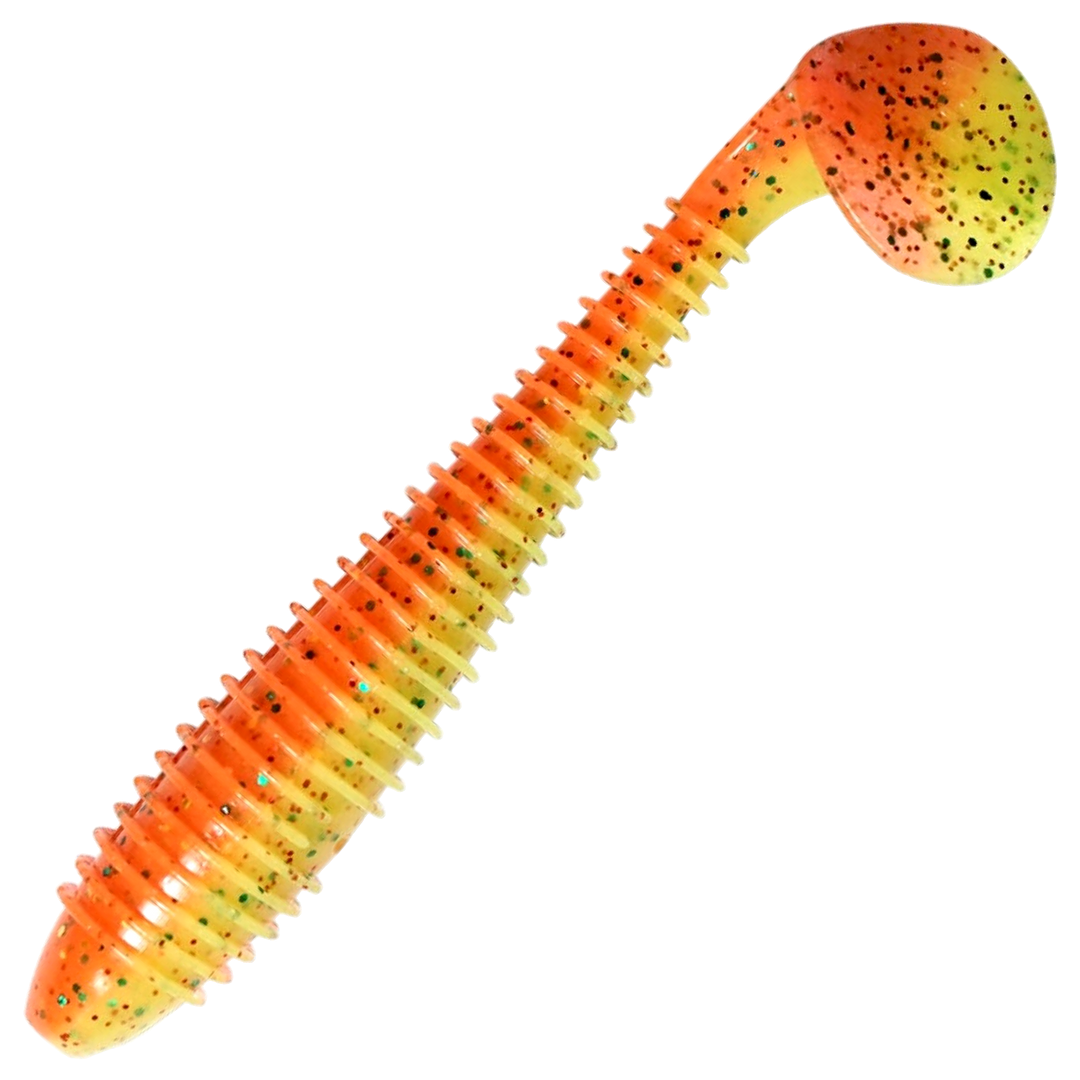 Keitech Swing Impact FAT Jigi 3.8", väri Fire Chart: oranssi runko sekä vihreät ja mustat pilkut