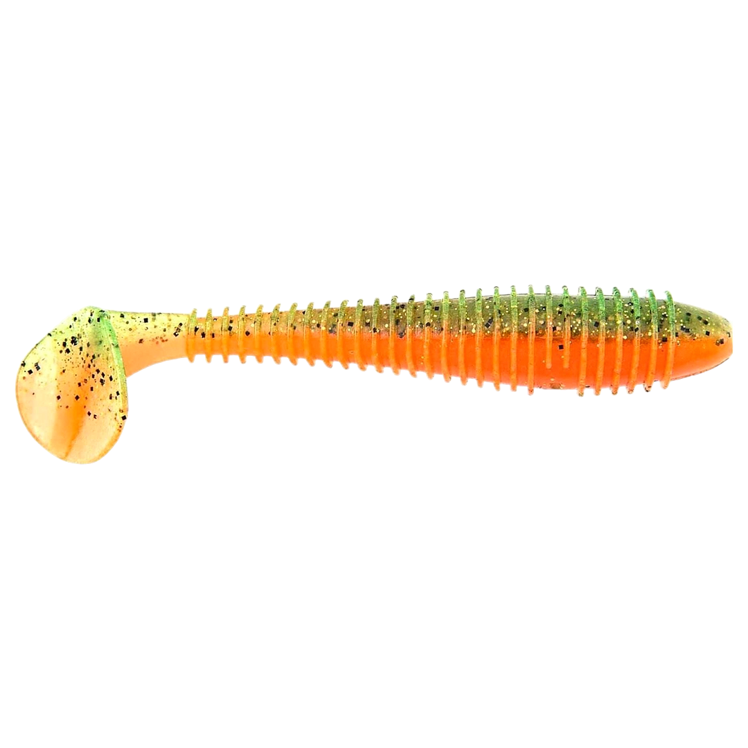 Keitech Swing Impact FAT Jigi 3.8" Fire Tiger sivulta, pää oikealla